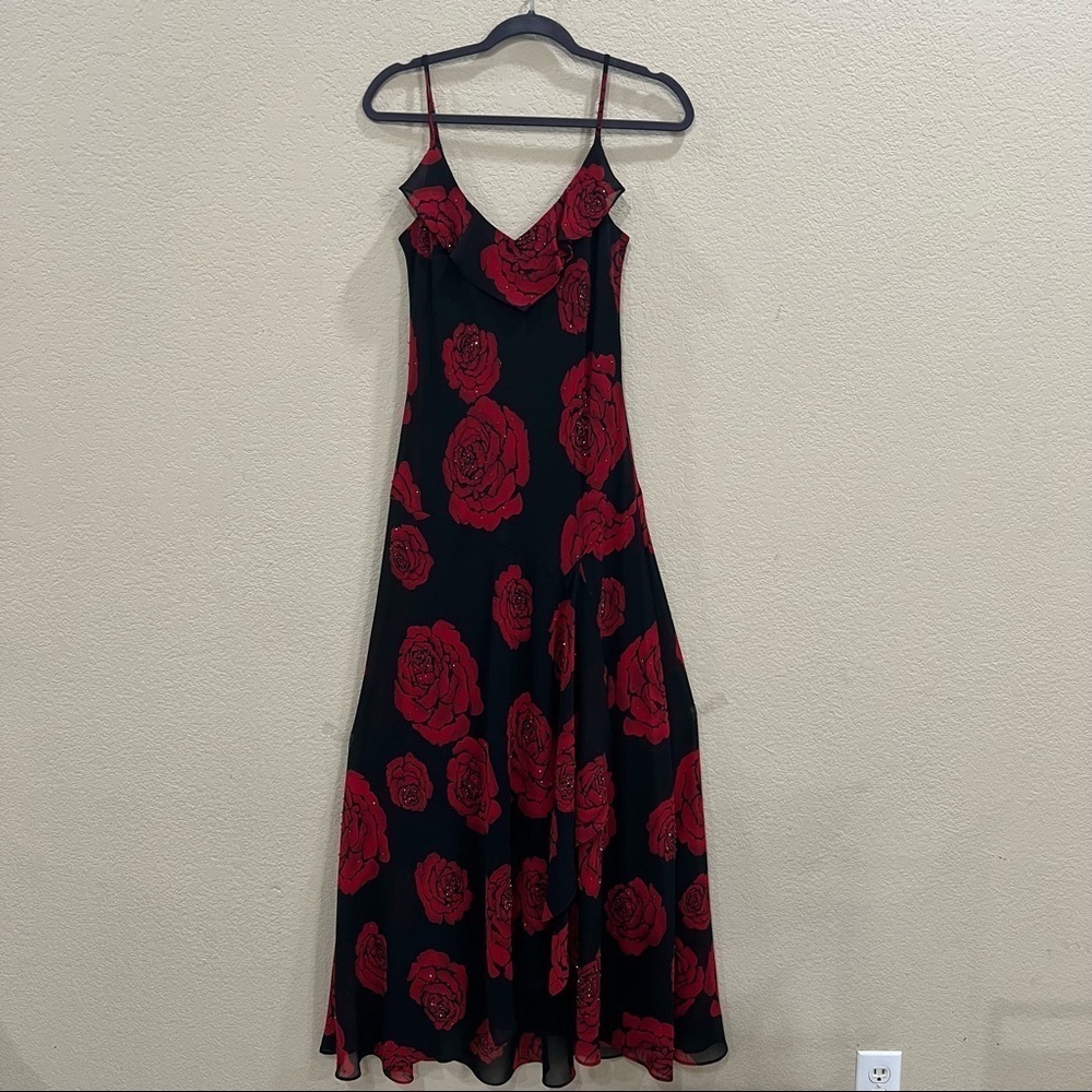 VTG Betsy & Adam Sz 10 Black Red V Neck Floral Sequin Side Slit Gown Dress Prom
